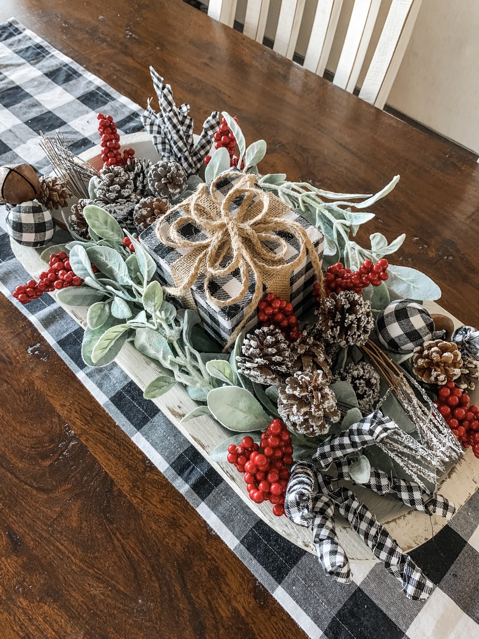 Christmas centerpiece idea using a dough bowl for a festive look! 