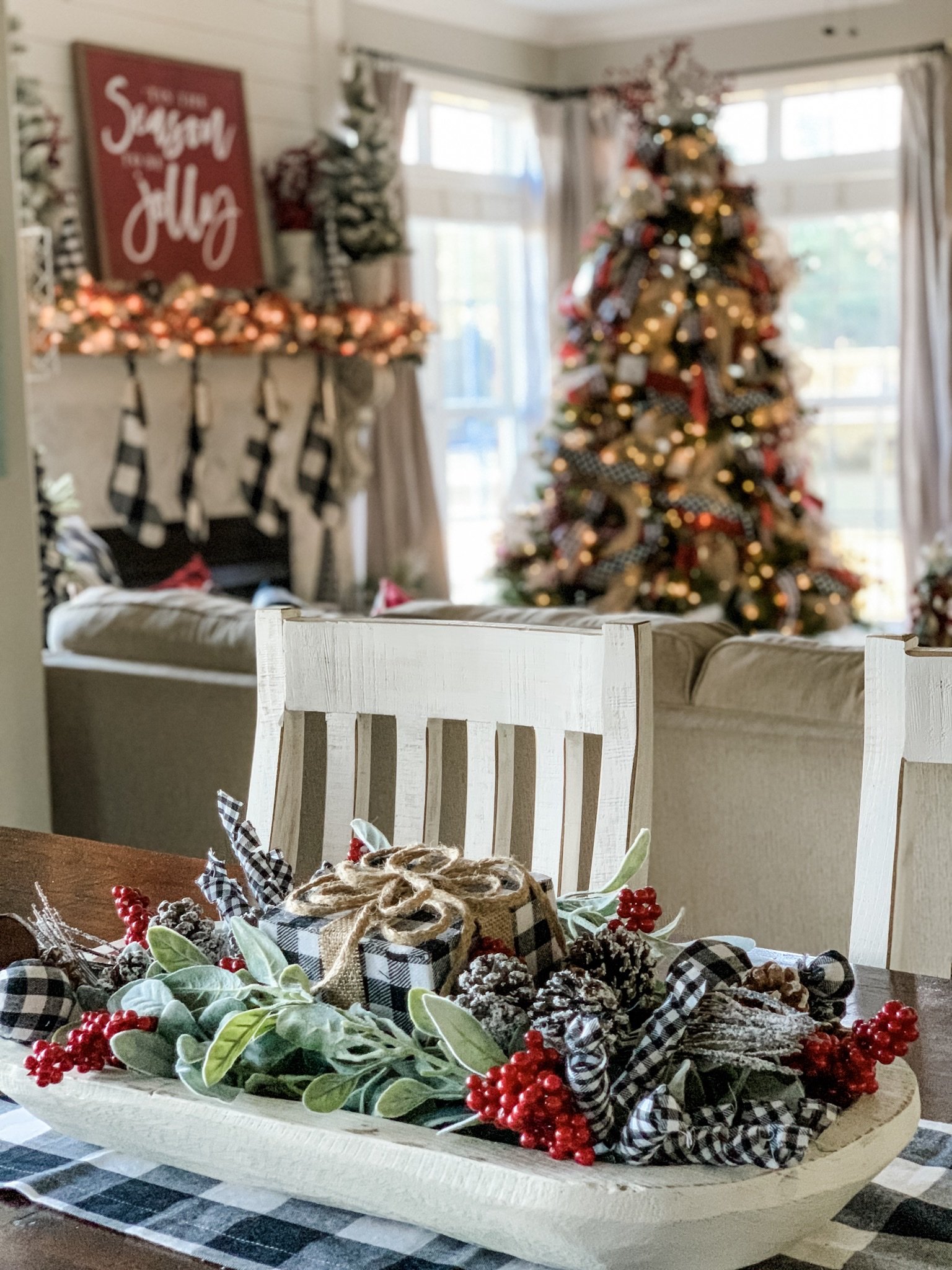 Christmas centerpiece idea using a dough bowl for a festive look! 