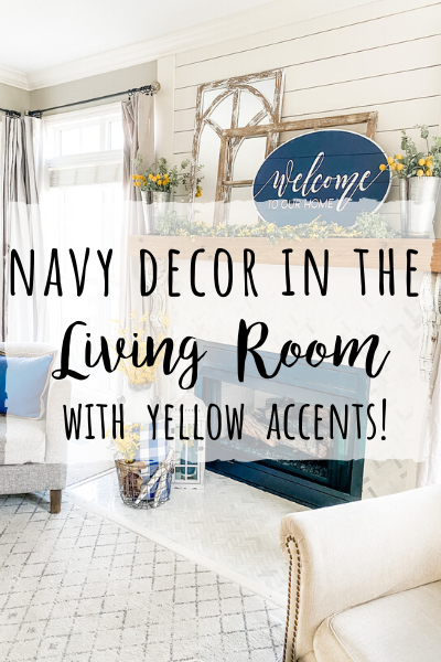 Navy decor in the living room for Spring with yellow accents!