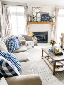 Navy decor in the living room for Spring with yellow accents!