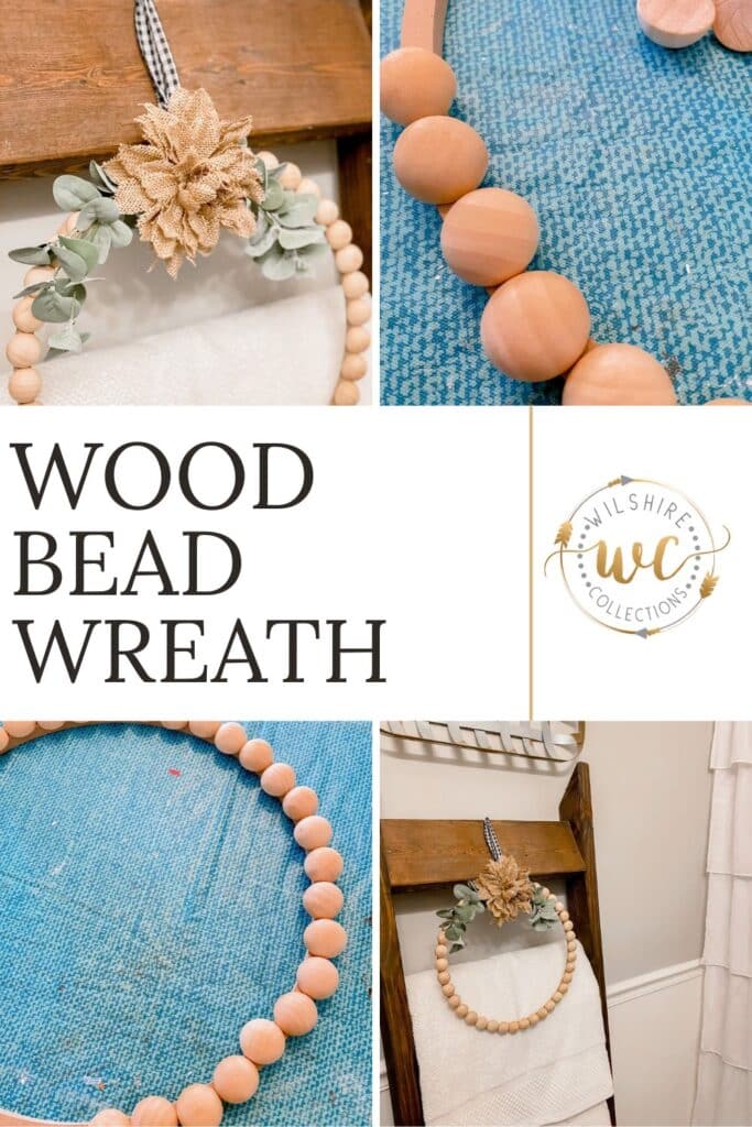 DIY wood bead wreath made with natural wood beads, faux greenery, and a burlap flower bow, displayed on a rustic wooden ladder for farmhouse-style home décor.