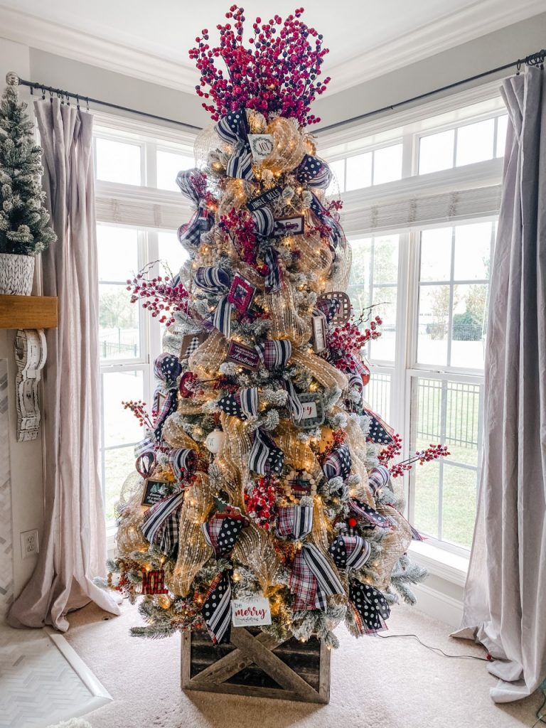 Flocked tree with ribbon