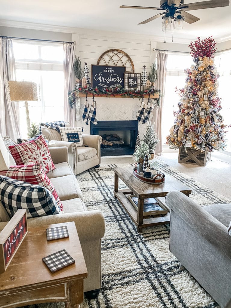 Christmas mantel decor using buffalo check! - Wilshire Collections