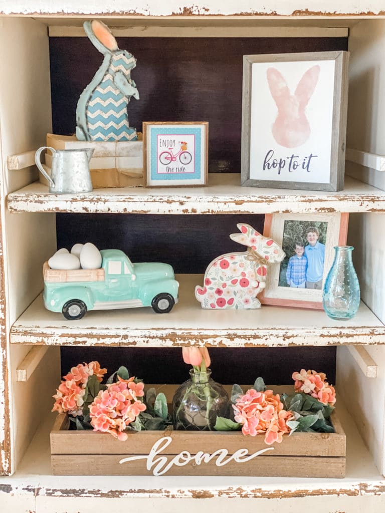 spring decor on shelves