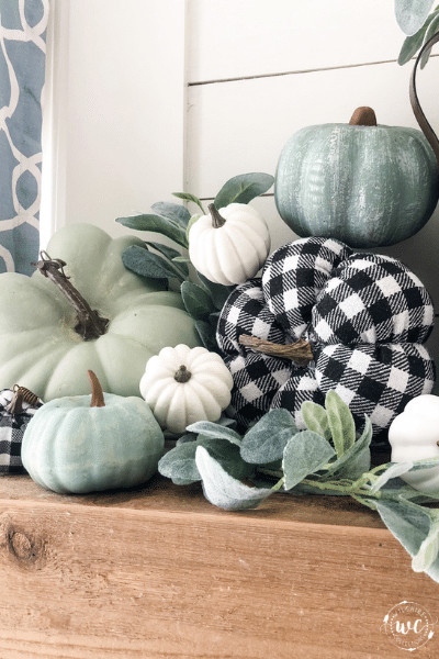 teal and buffalo plaid pumpkin mantle