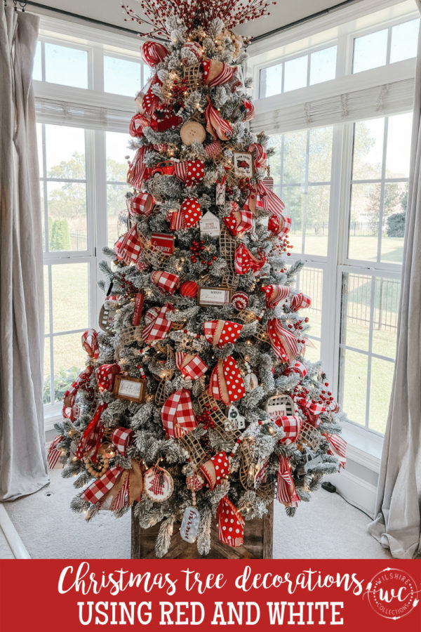 Christmas tree decorations using red and white! Wilshire Collections