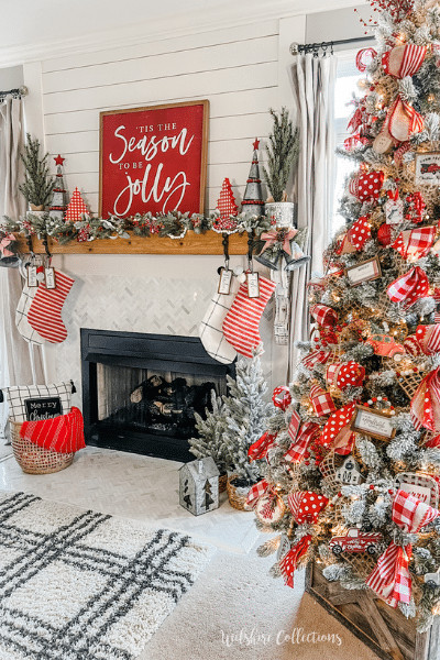 Cheerful Christmas mantel ideas using red and white