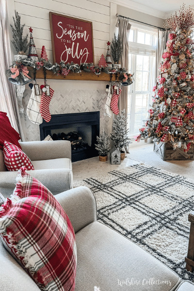 Festive Christmas Living Room Decor Using Red And White Wilshire Collections