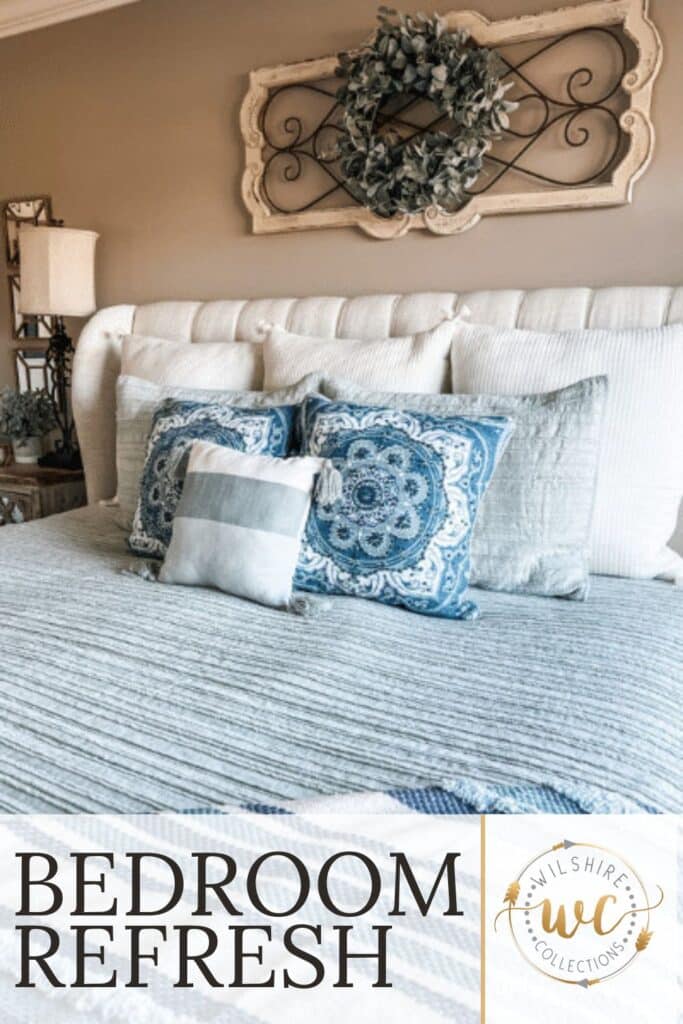 Neutral master bedroom with layered bedding, cozy quilt, fluffy duvet, decorative pillows, and a soft throw blanket for a fresh bedroom refresh.