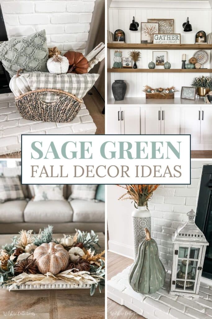 A fall living room decorated with sage green accents, including a basket filled with plaid pillows and pumpkins, built-in shelves styled with fall decor, a coffee table centerpiece with pumpkins and greenery, and fireplace decor featuring a sage pumpkin and white lantern.