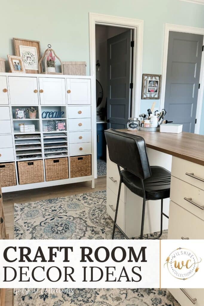 Bright and organized craft room with white storage cabinet, baskets, a large craft island, and cozy decor accents.