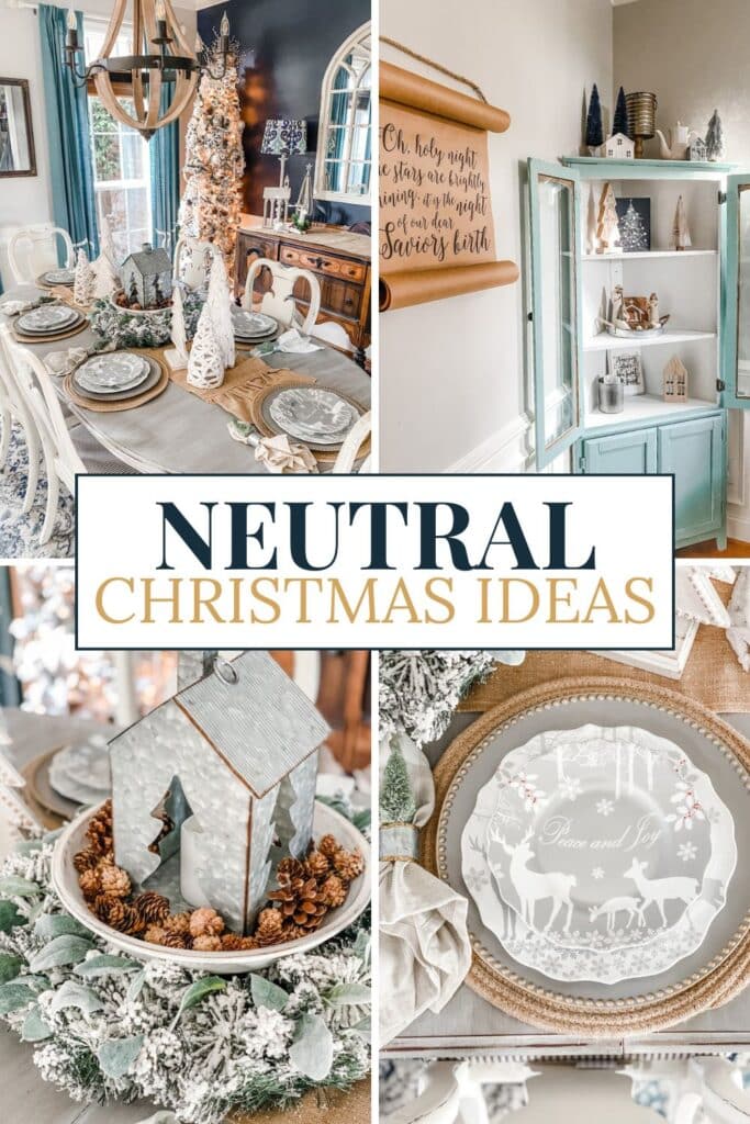 A neutral Christmas dining room decorated with layered gray and white holiday dishes, white Christmas trees on the table, a lantern centerpiece with pinecones and greenery, a pencil Christmas tree in the corner, and a Willow Tree nativity displayed in a cabinet.