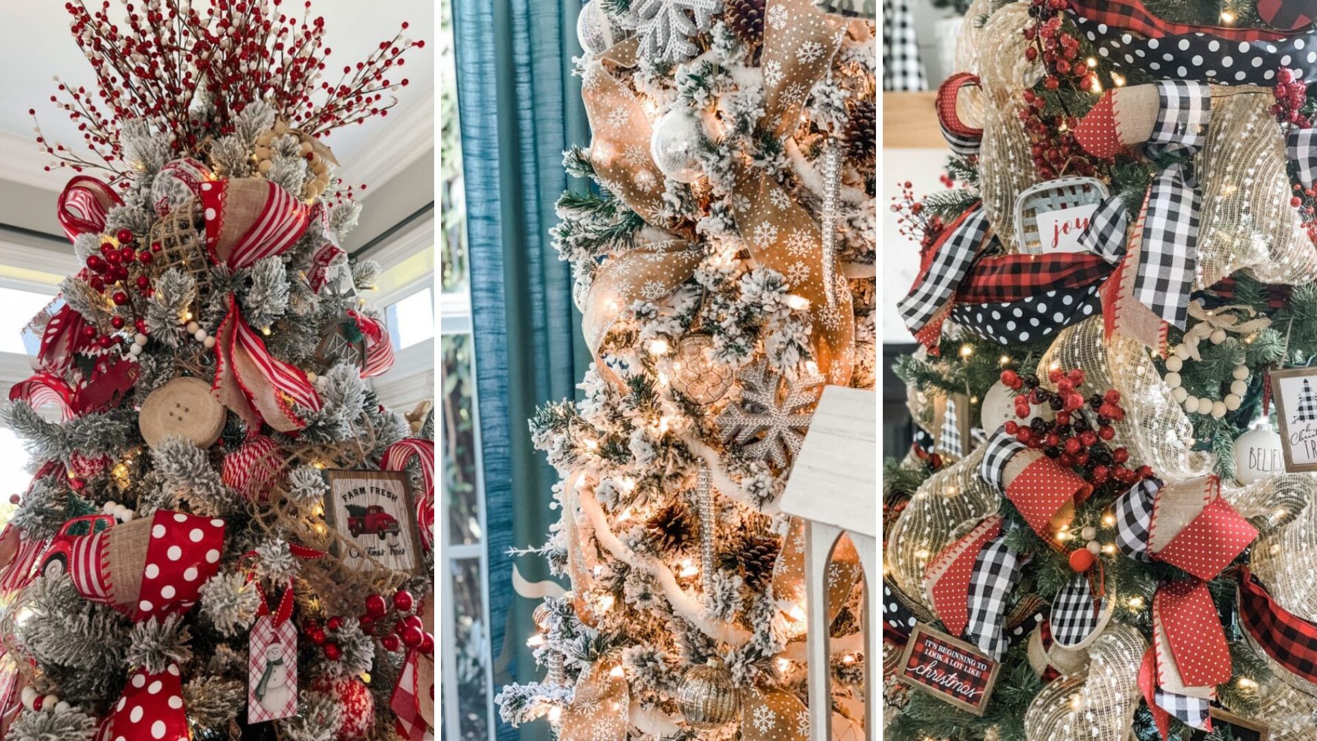 4 Christmas Tree Decorating Ideas Collage of beautifully decorated Christmas trees featuring red and white ribbon, buffalo check patterns, gold accents, and flocked branches with lights, showcasing a variety of Christmas tree decorating tips and styles.