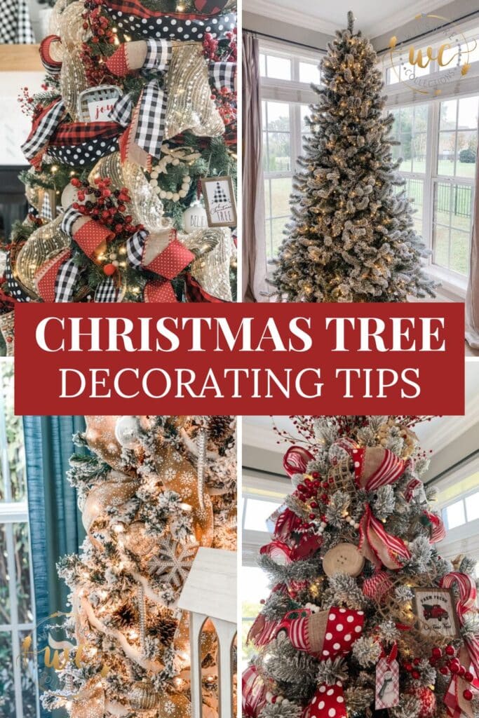 Collage of beautifully decorated Christmas trees featuring red and white ribbon, buffalo check patterns, gold accents, and flocked branches with lights, showcasing a variety of Christmas tree decorating tips and styles.